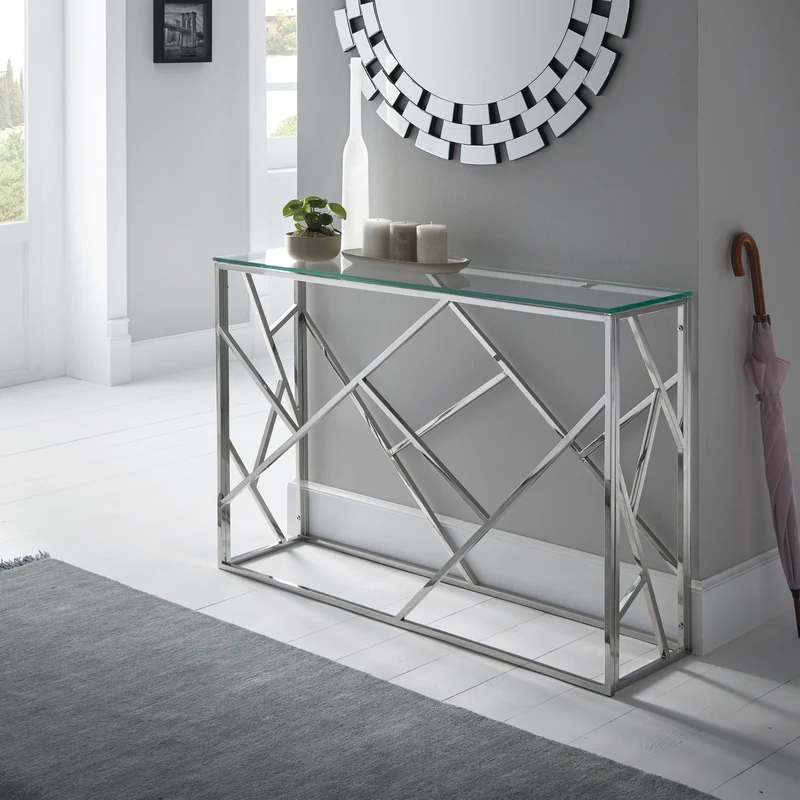 Rectangular console table in glass and silver steel with crossed bar frame, 120 x 40 cm