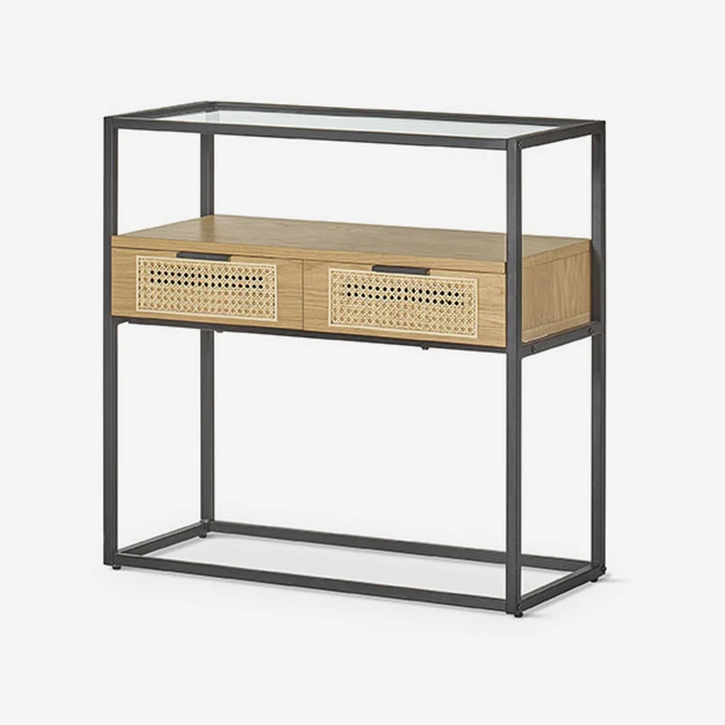 Rectangular console table in natural oak veneer with metal legs, 120 x 35 cm