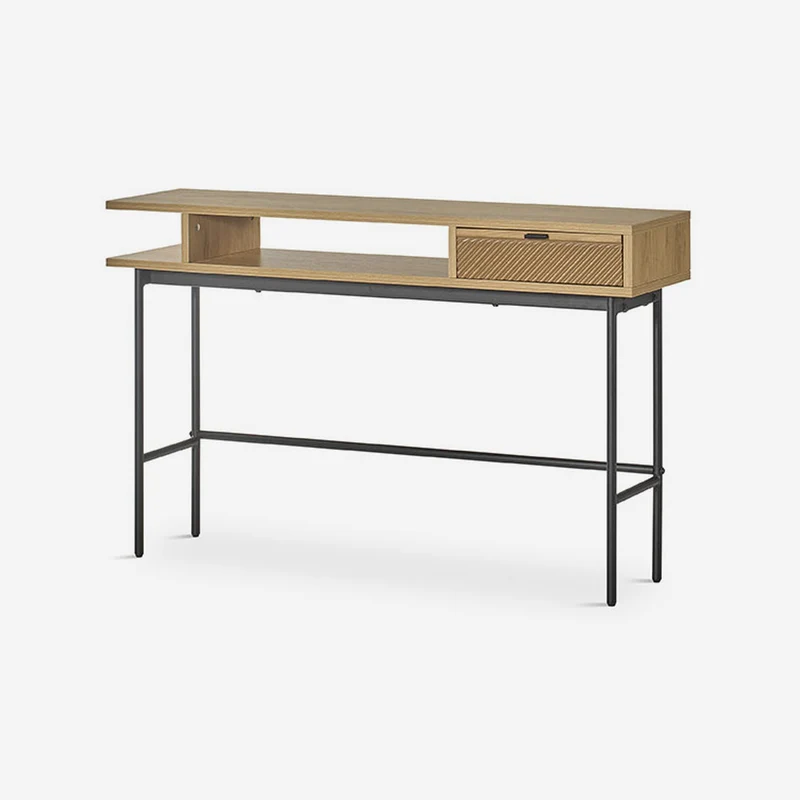 Rectangular console table in natural laminated oak with metal legs, 120 x 30 cm