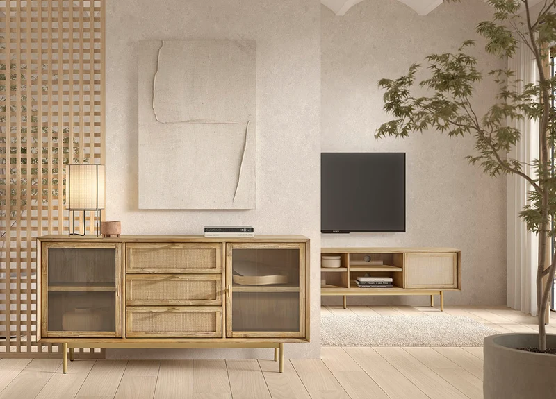 Sideboard in natural solid wood with metal legs