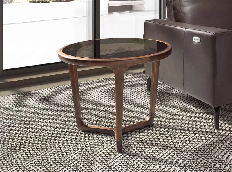 Round corner table with smoked brown glass and walnut