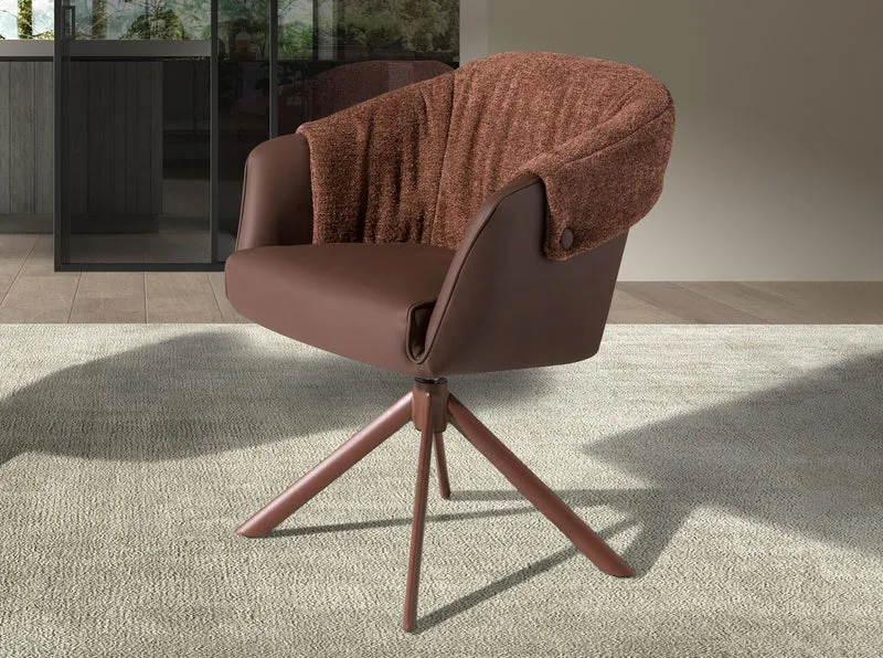 Copper-Brown Faux Leather and Mottled Brown Fabric Swivel Chair