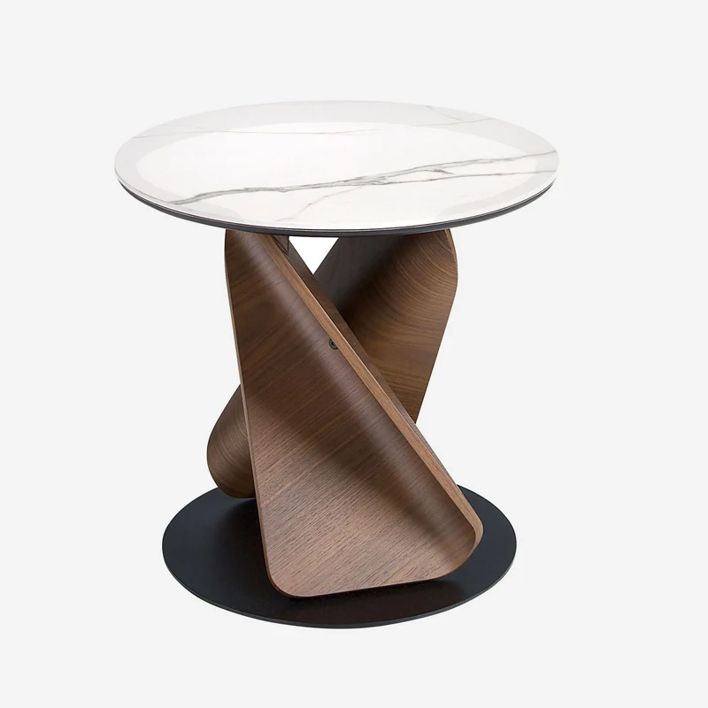Round Corner Table in Porcelain Marble, Walnut and Black Steel