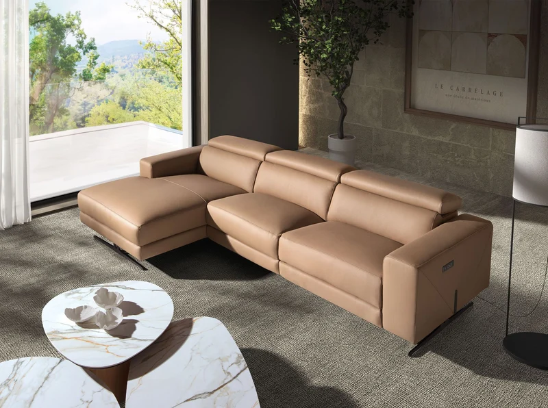 Left-Hand Brown Leather Reclining Chaise Longue Sofa