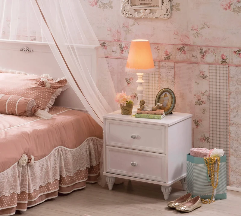 Comodino Per Camere Bambini Romantica Elegante Con 2 Cassetti, Dimensioni 50x56x41.7 cm