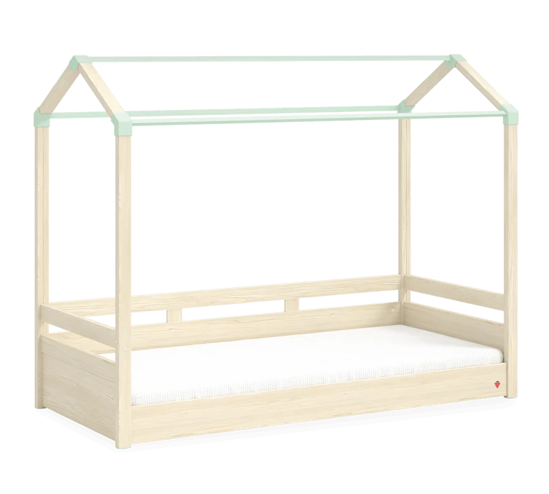 Lettino Montessori Naturale 90x200 Cm Con Tetto Piatto, Struttura Robusta E Design Elegante