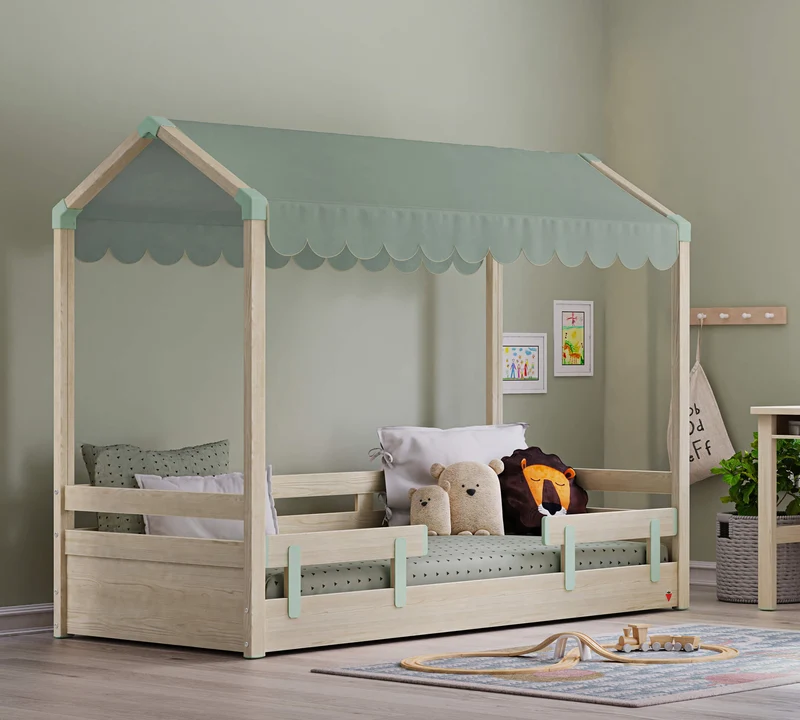 Lettino Montessori Naturale 90x200 Cm Con Tetto Piatto, Struttura Robusta E Design Elegante