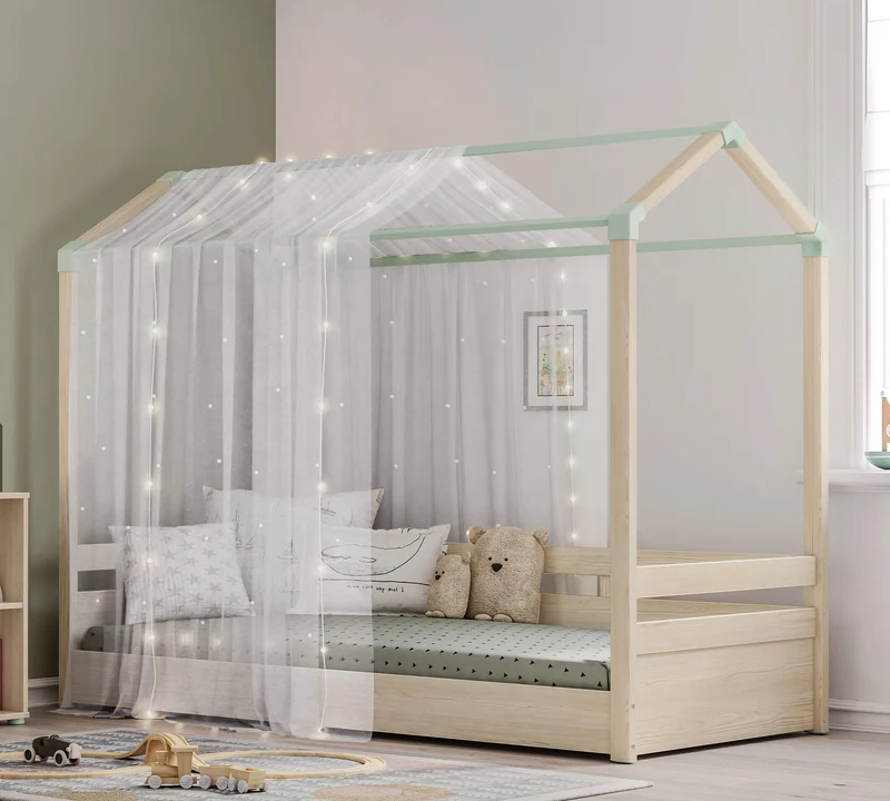 Lettino Montessori Naturale 90x200 Cm Con Tetto Piatto, Struttura Robusta E Design Elegante