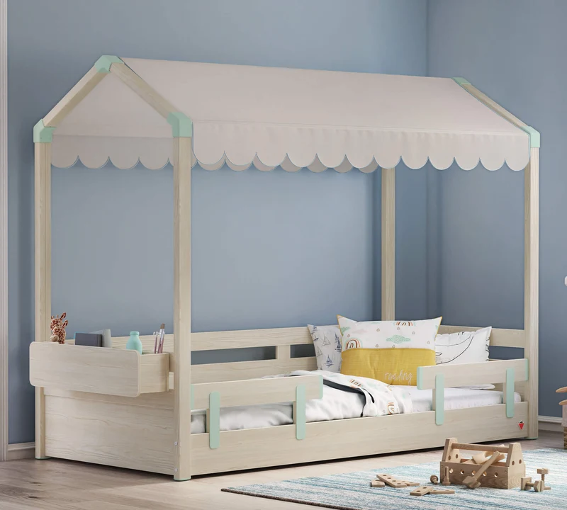 Lettino Montessori Naturale 90x200 Cm Con Tetto Piatto, Struttura Robusta E Design Elegante