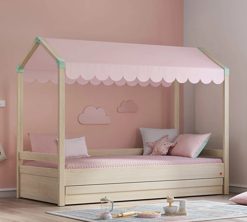 Lettino Montessori Naturale 90x200 Cm Con Tetto Piatto, Struttura Robusta E Design Elegante