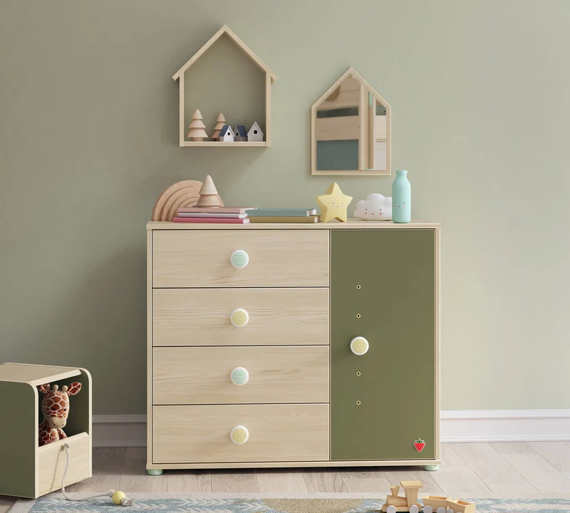 Set Di Specchi Montes Natural Con Mensola, Design Sicuro Per Bambini, Dimensioni 38x43x12 Cm