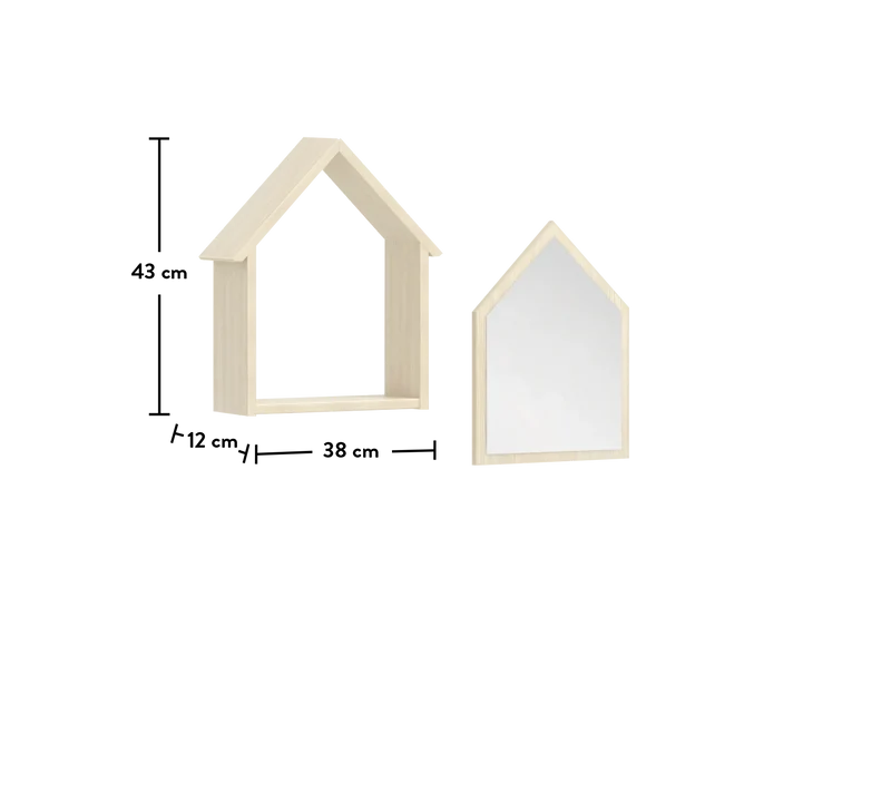 Set Di Specchi Montes Natural Con Mensola, Design Sicuro Per Bambini, Dimensioni 38x43x12 Cm