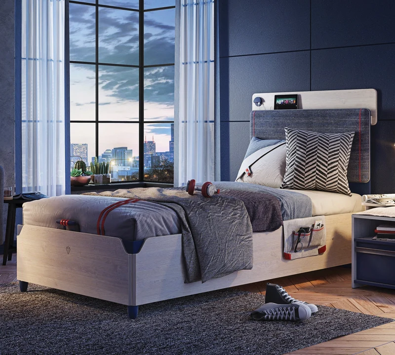 Letto Trio 120x200 Cm Con Rete, Porta USB, Testata Morbida e Tasca Mobile per Comfort Ideale