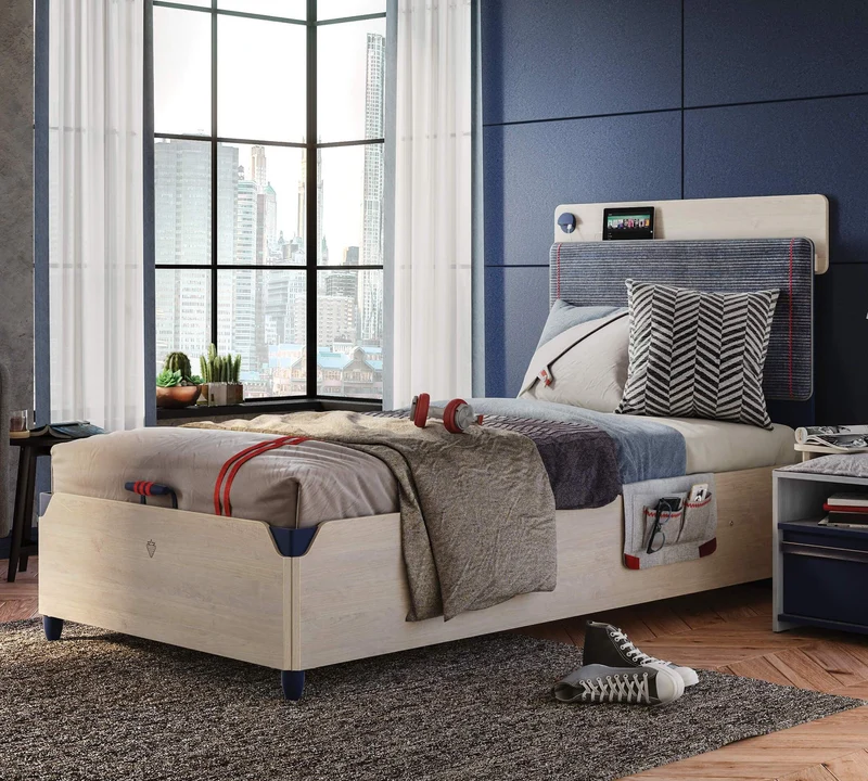 Letto Trio Line 100x200 Cm Con Testata Morbida, Porta USB E Tasche In Tessuto