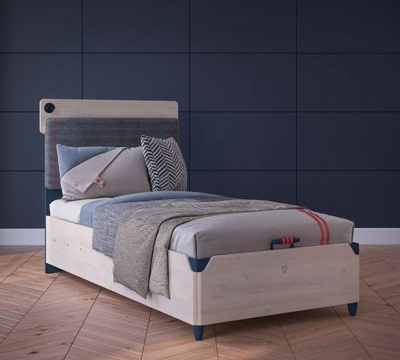 Letto Trio Line 100x200 Cm Con Testata Morbida, Porta USB E Tasche In Tessuto