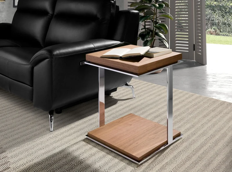 Square walnut and chrome-plated steel corner table