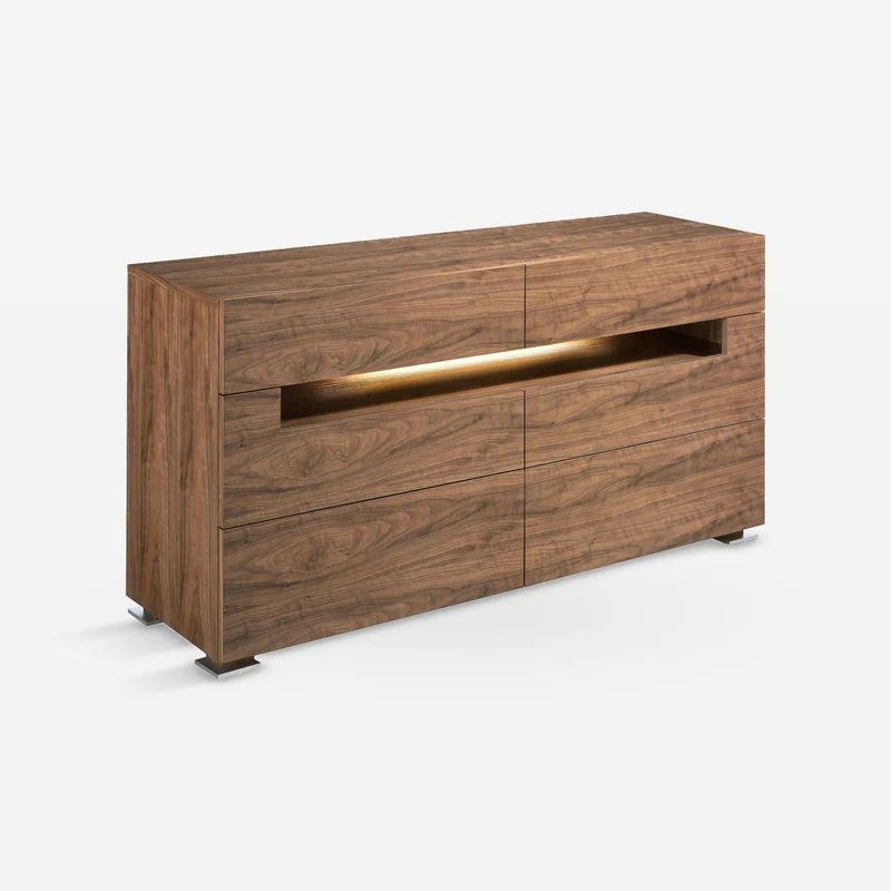 Walnut and polished steel sideboard with interior lighting
