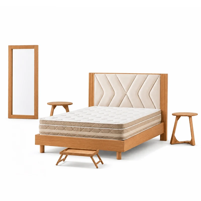 Combo Alcoba Doble Artemisa Natural, Marfil + Colchón Florencia Pillow Top
