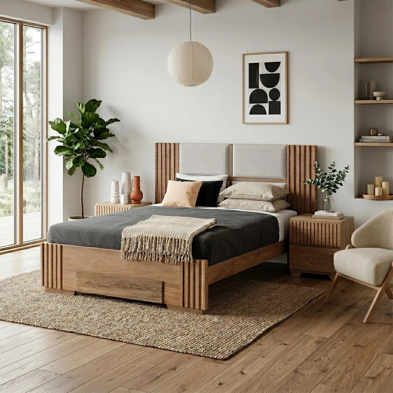 Combo Cama Queen Texas Beige, Natural + Colchón Lexus Deluxe Doble Pillow Top