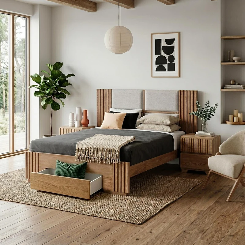 Combo Cama Queen Texas Beige, Natural + Colchón Lexus Deluxe Doble Pillow Top