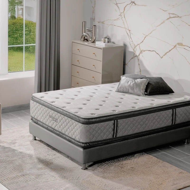 Combo Cama Queen Texas Beige, Natural + Colchón Lexus Deluxe Doble Pillow Top