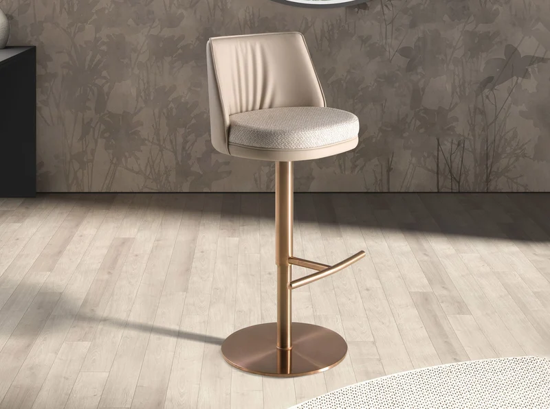 Swivel stool in mottled cream fabric and cream faux leather