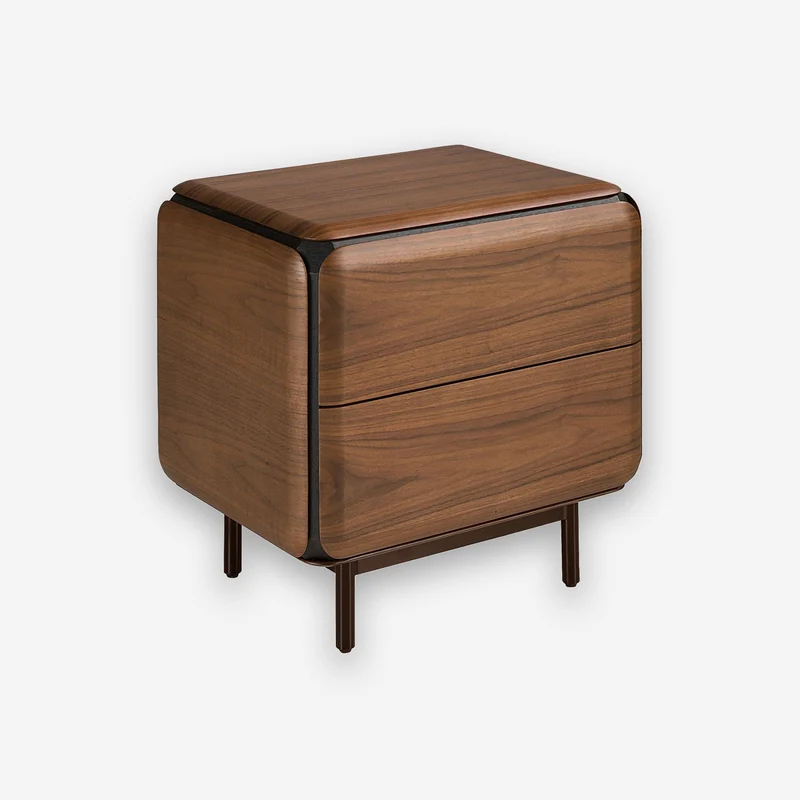 Walnut, wenge, and brown metal nightstand