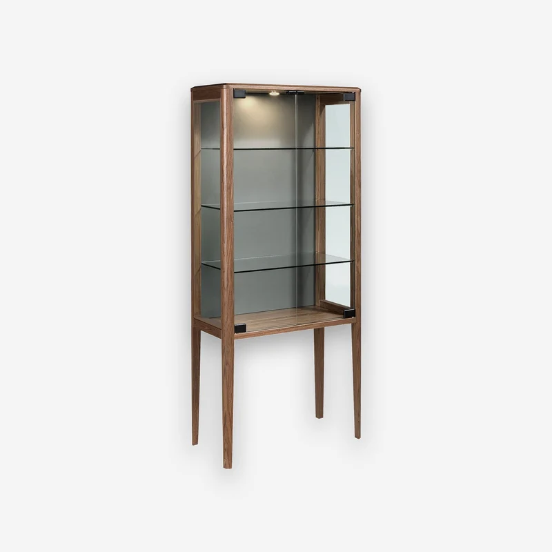 Tall tempered glass and walnut sideboard with interior lighting