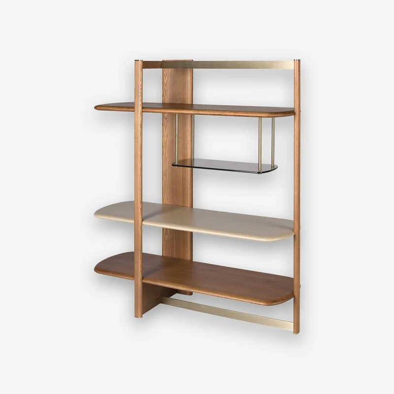 Left rectangular shelving unit in light walnut and greige wood