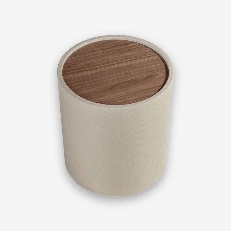 Round corner table in walnut, walnut, and sand leatherette upholstery