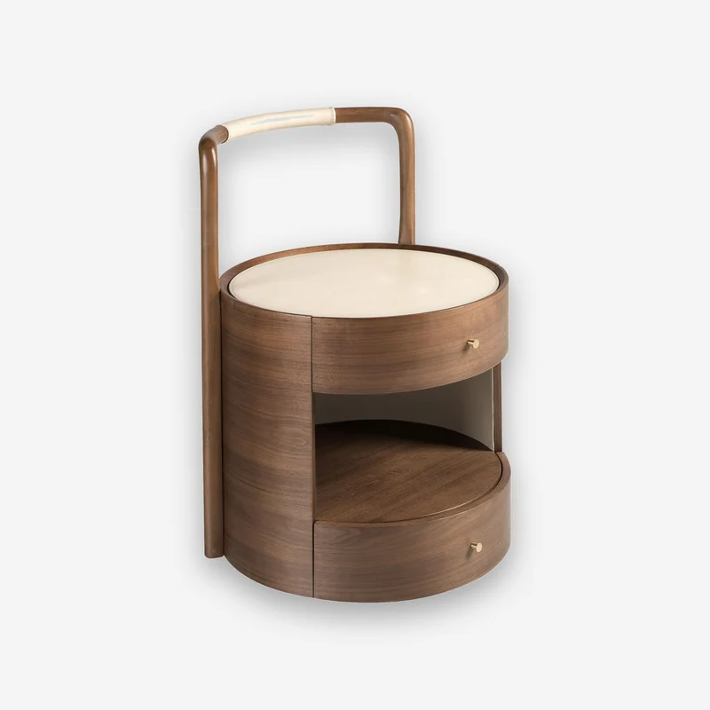 Walnut nightstand with cream faux leather upholstered top