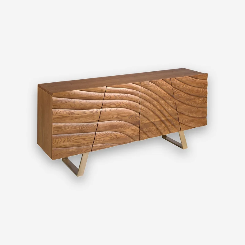 Light walnut and polished gold steel sideboard