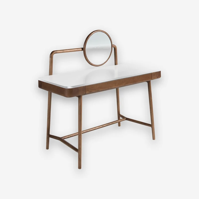 Walnut dressing table with white wood top and mirror