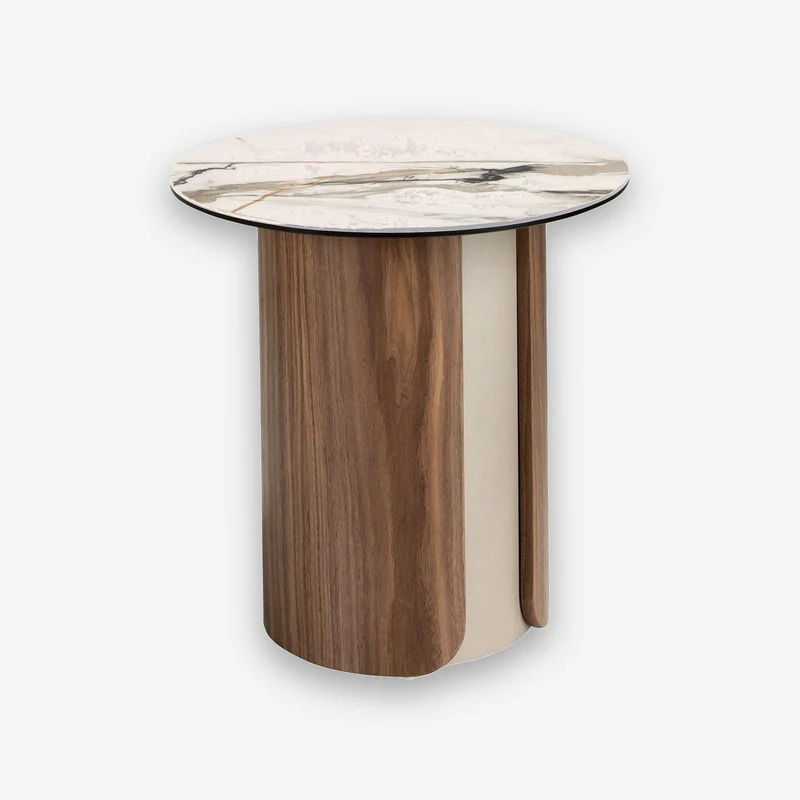 Round corner table with porcelain marble, metallic sand steel and walnut