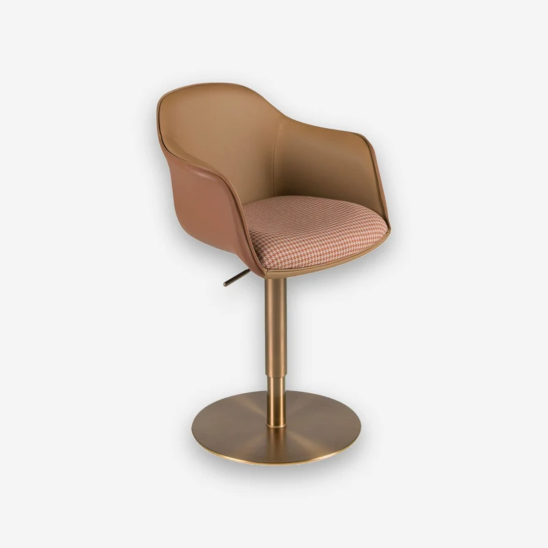 Swivel chair in terracotta and beige fabric and brown faux leather