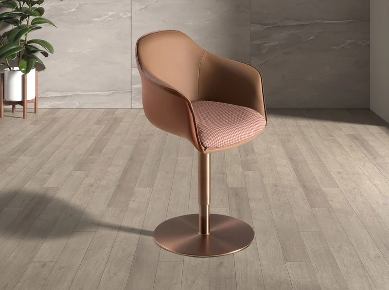 Swivel chair in terracotta and beige fabric and brown faux leather
