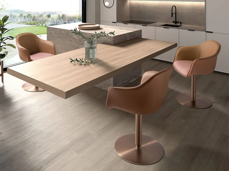 Swivel chair in terracotta and beige fabric and brown faux leather