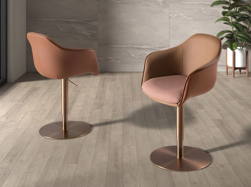 Swivel chair in terracotta and beige fabric and brown faux leather