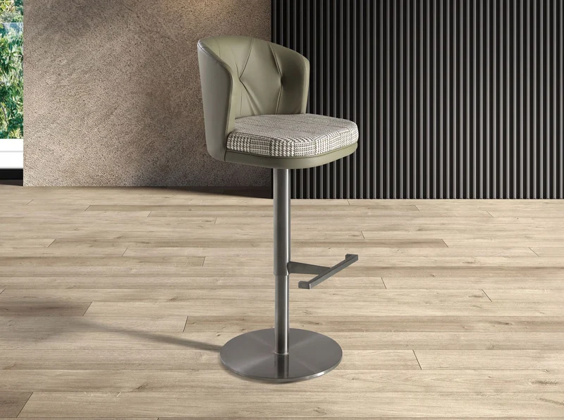 Swivel stool dark green and white fabric and olive green faux leather