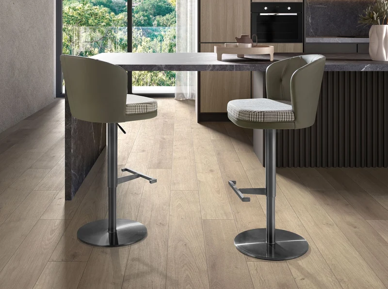Swivel stool dark green and white fabric and olive green faux leather