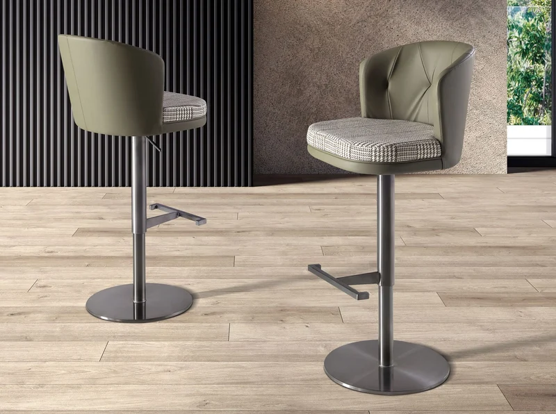Swivel stool dark green and white fabric and olive green faux leather