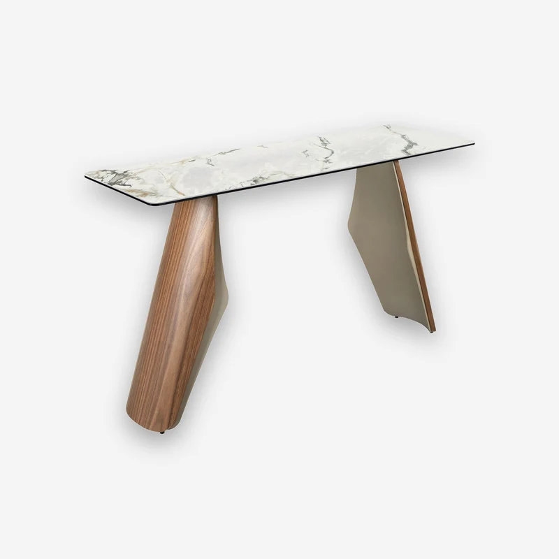 Rectangular console table with porcelain marble, metallic sand steel, and walnut