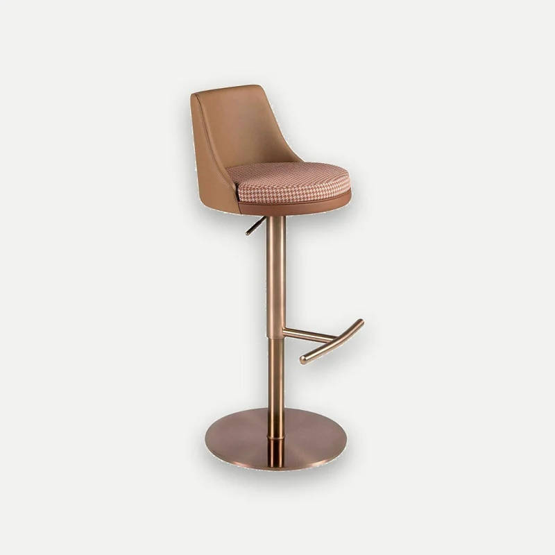 Swivel stool in terracotta and beige fabric and brown faux leather