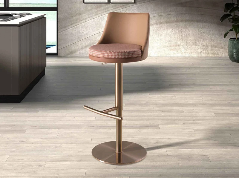 Swivel stool in terracotta and beige fabric and brown faux leather