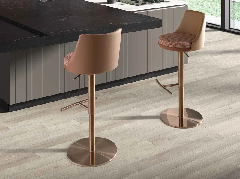 Swivel stool in terracotta and beige fabric and brown faux leather