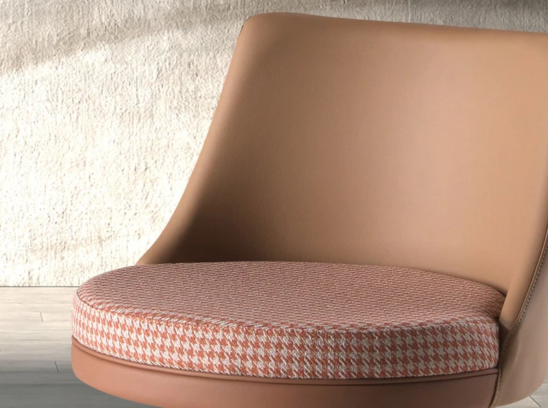 Swivel stool in terracotta and beige fabric and brown faux leather