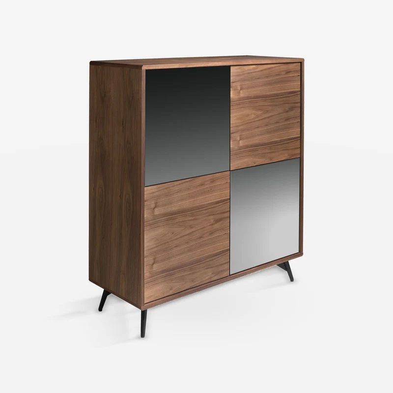 Tall sideboard with black mirror-effect glass, walnut and black steel