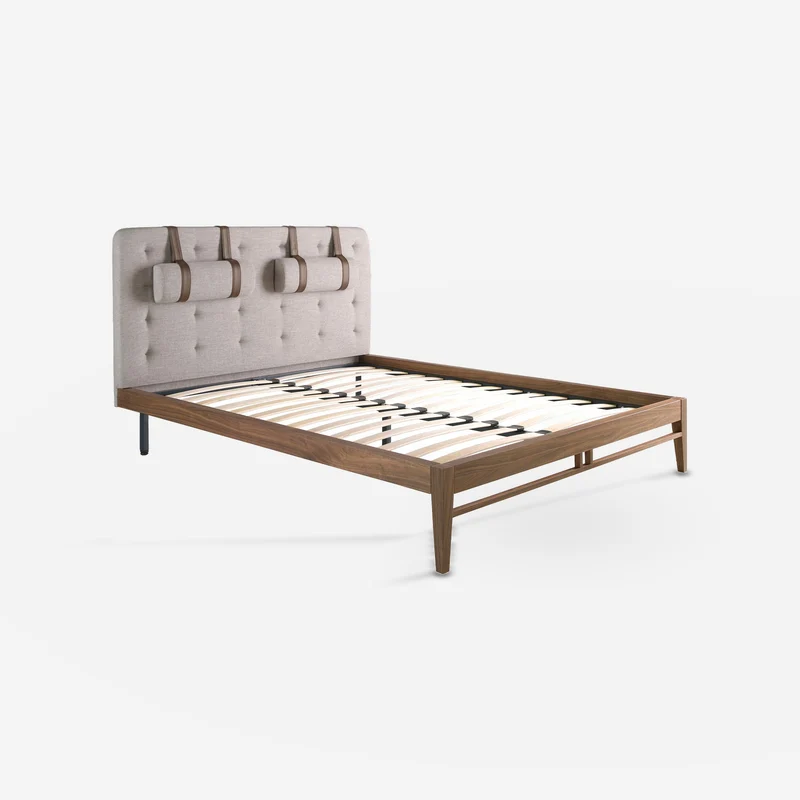 Tufted bed in grey fabric