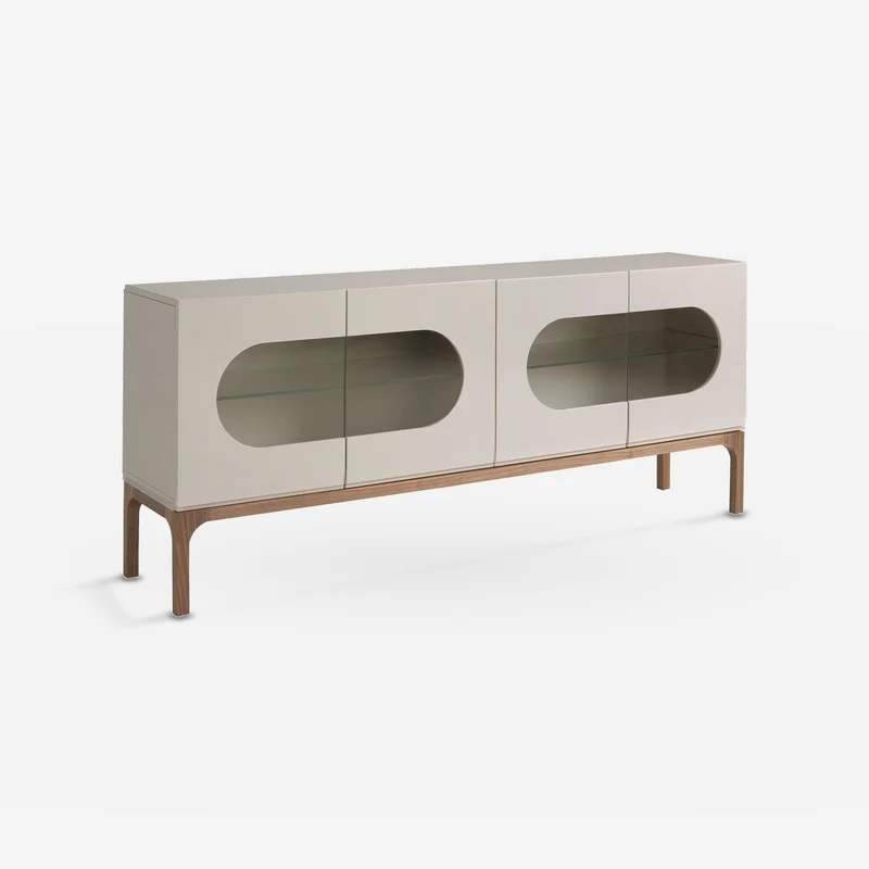 Grey and walnut wood sideboard with interior lighting