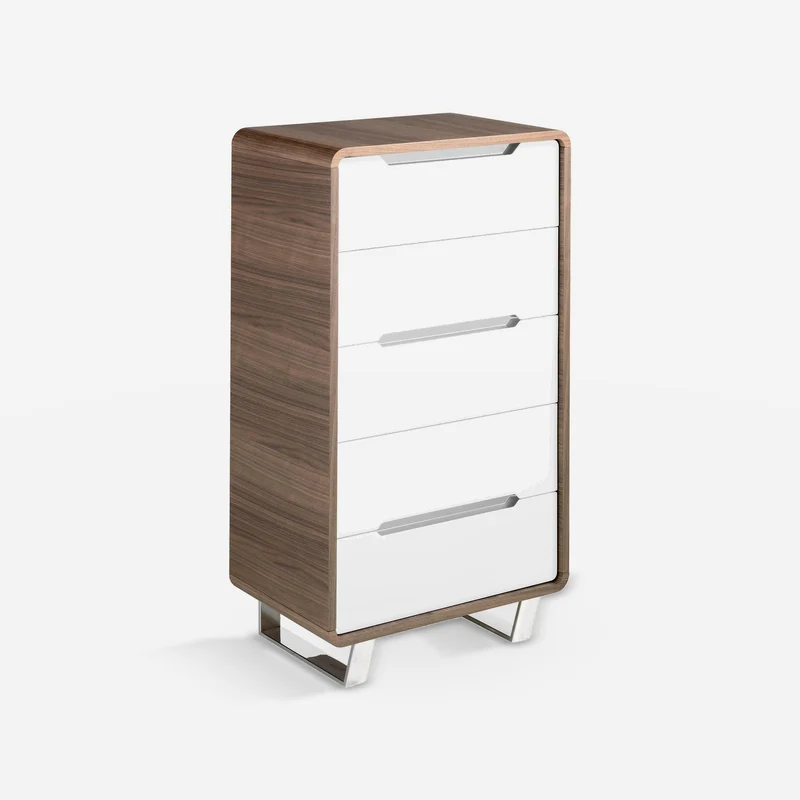 White wood, walnut and chrome-plated steel chiffonier